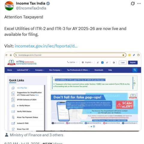 ITR-2 & ITR-3 Excel Utilities for AY 2025–26 Now Available | File Online